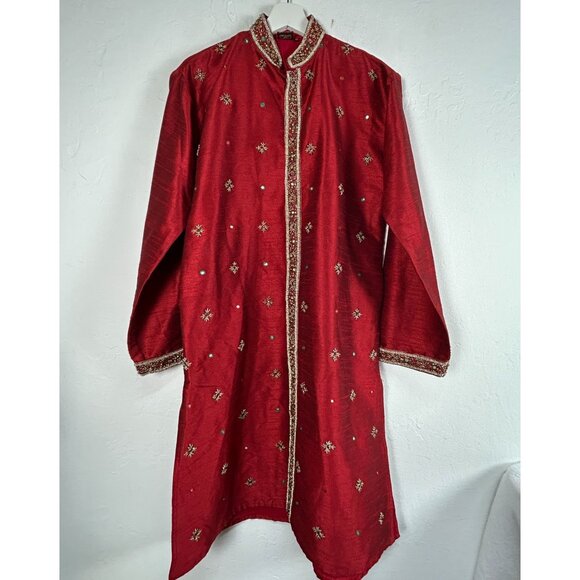 Vintage Satellite Mens Red Embellished Long Kurta Size 14 Long Sleeve Pockets - Picture 1 of 14